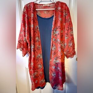 Indigo Soul Red Floral Kimono with Lace with blue dress.